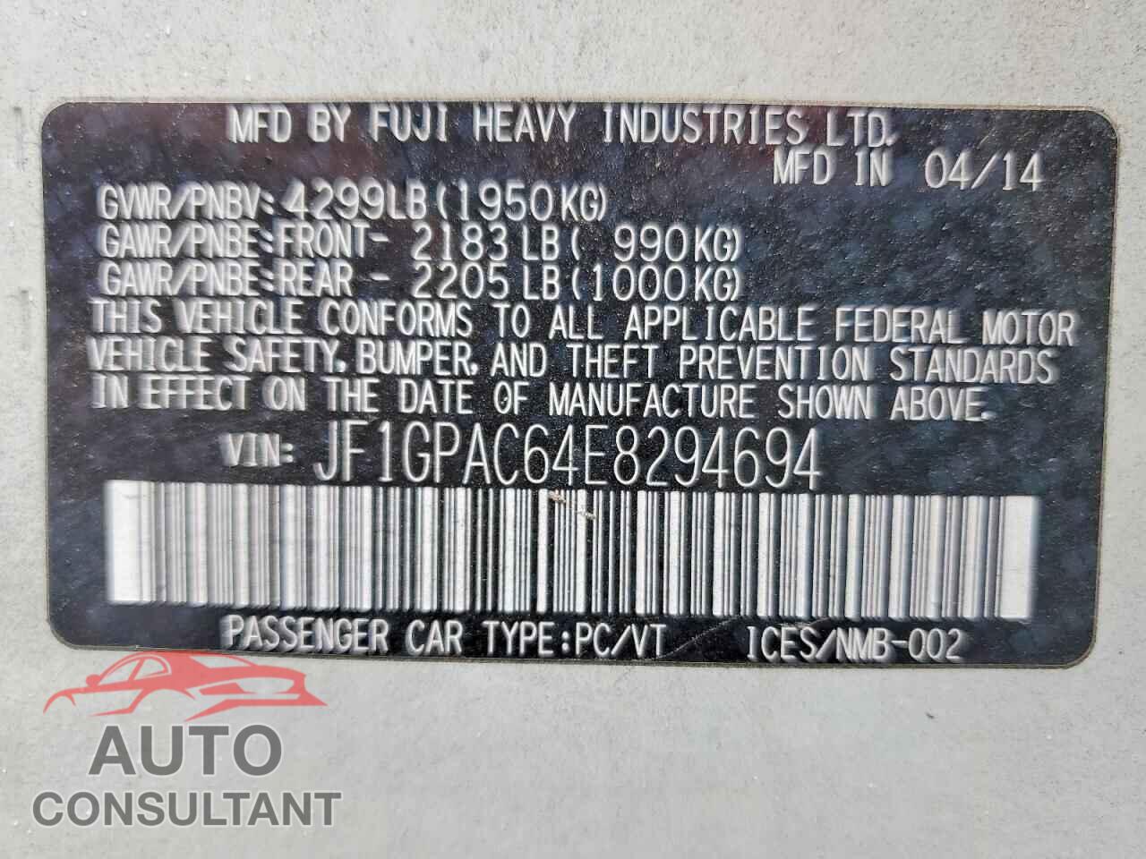 SUBARU IMPREZA 2014 - JF1GPAC64E8294694