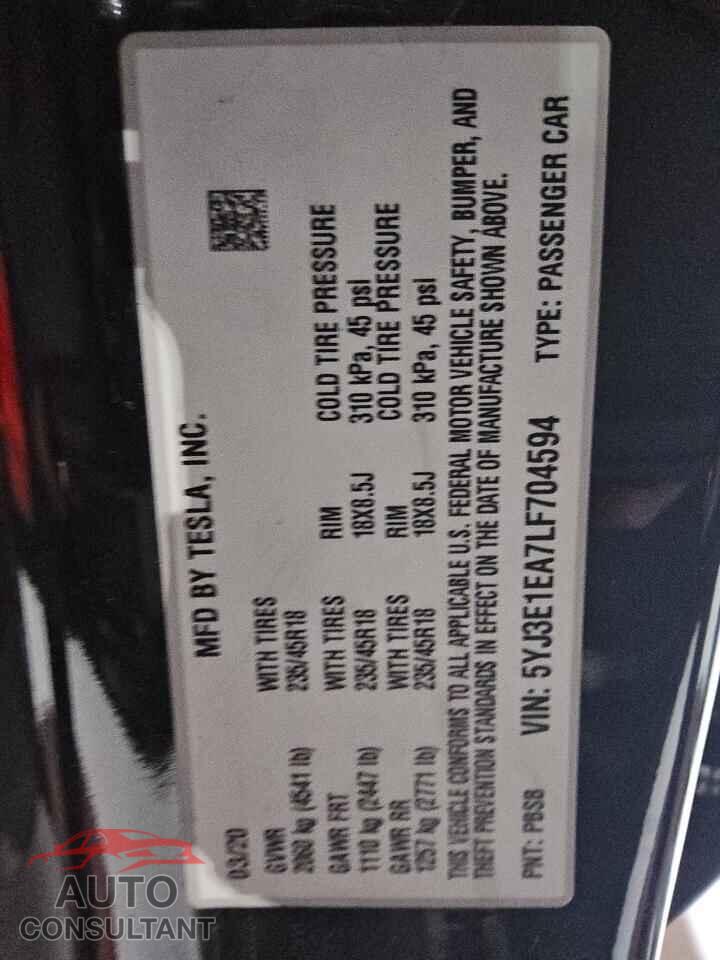 TESLA MODEL 3 2020 - 5YJ3E1EA7LF704594