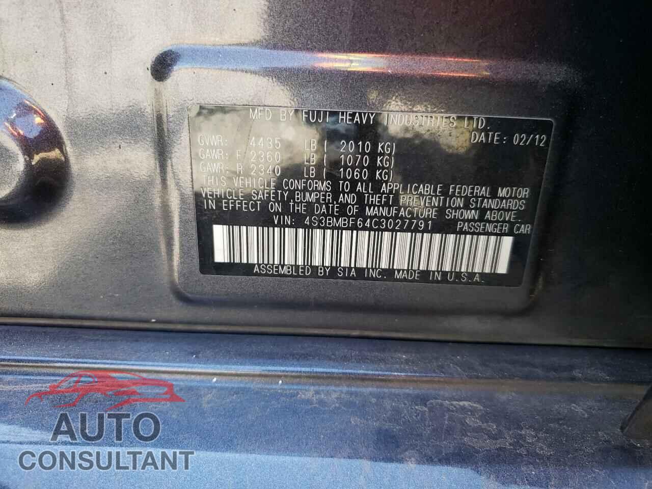 SUBARU LEGACY 2012 - 4S3BMBF64C3027791