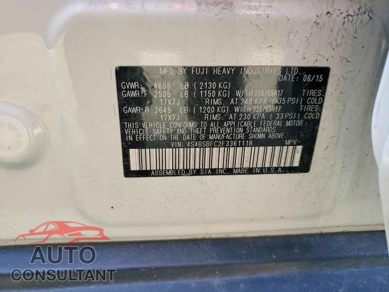 SUBARU OUTBACK 2015 - 4S4BSBFC2F3361118