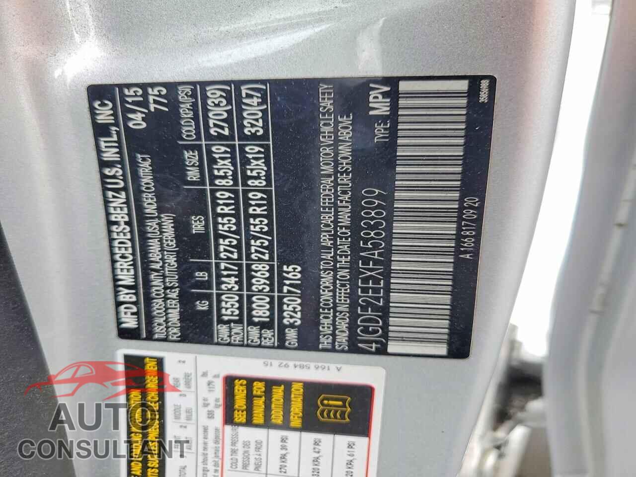 MERCEDES-BENZ GL-CLASS 2015 - 4JGDF2EEXFA583899