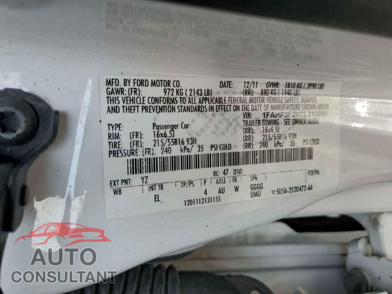 FORD FOCUS 2012 - 1FAHP3F2XCL310660