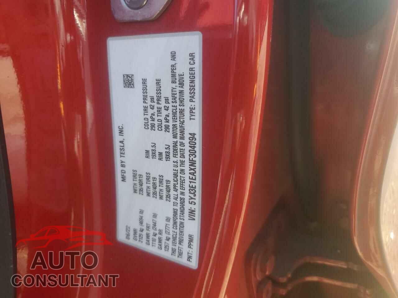TESLA MODEL 3 2022 - 5YJ3E1EAXNF304094