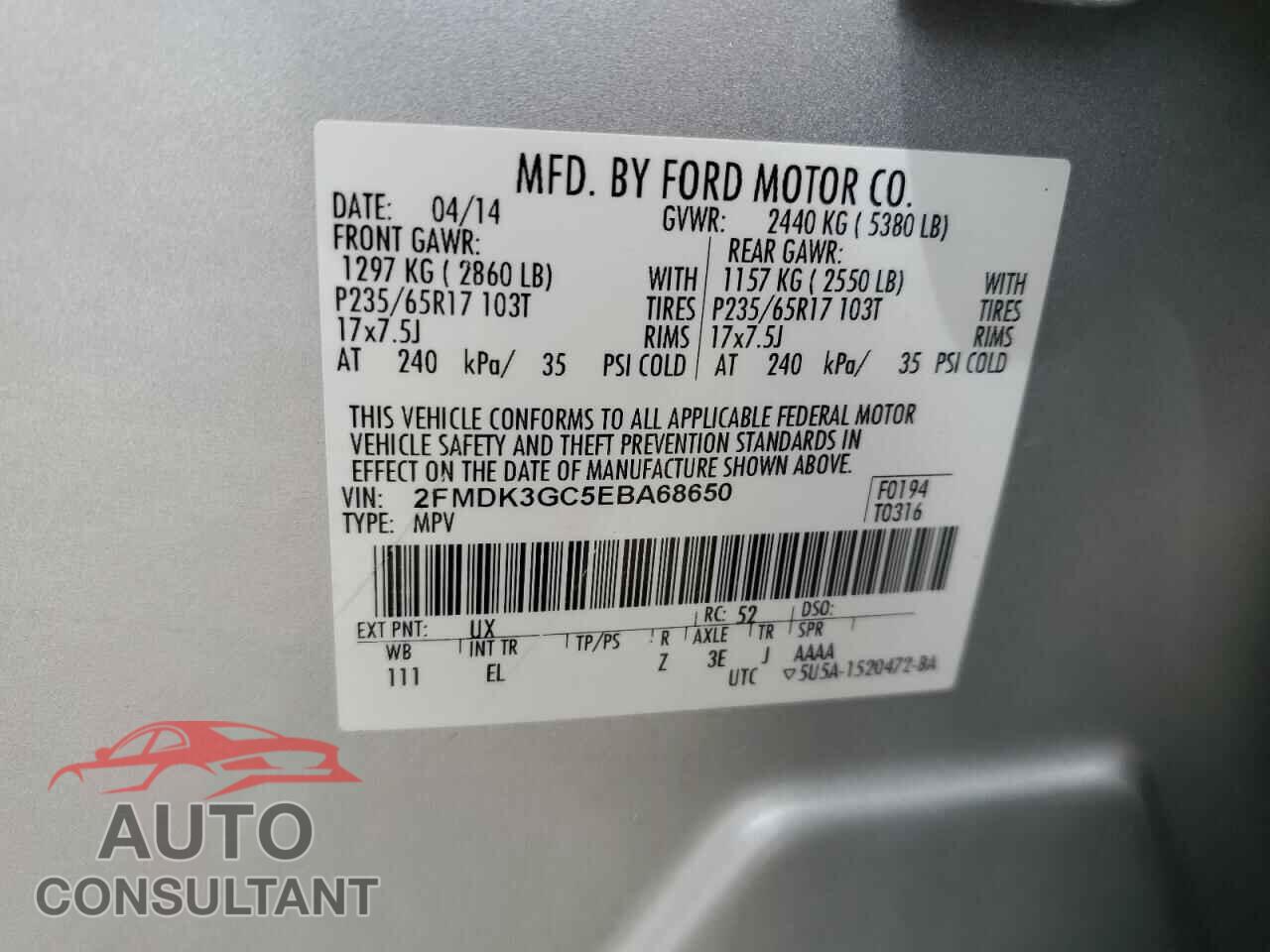 FORD EDGE 2014 - 2FMDK3GC5EBA68650