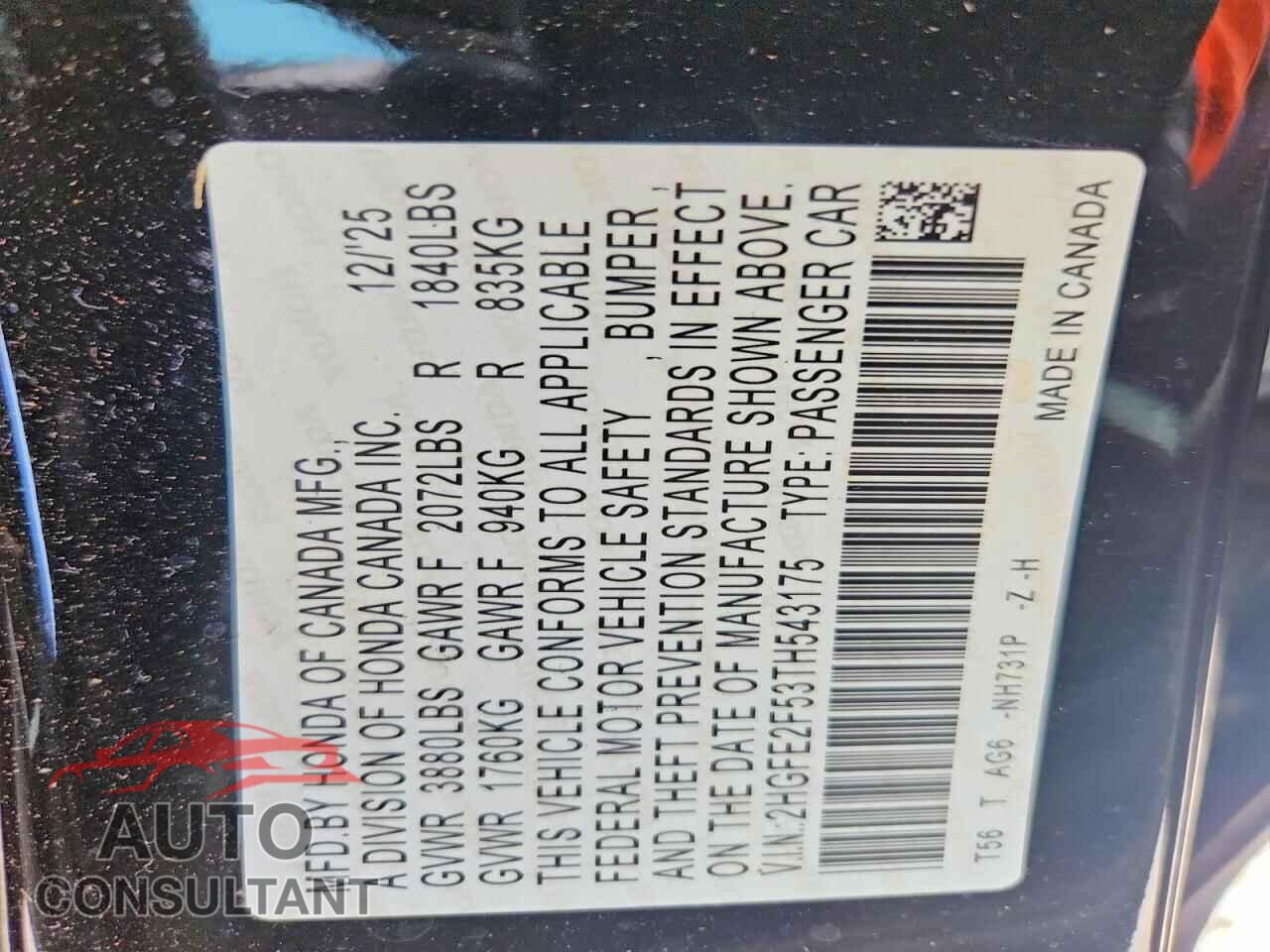 HONDA CIVIC 2026 - 2HGFE2F53TH543175