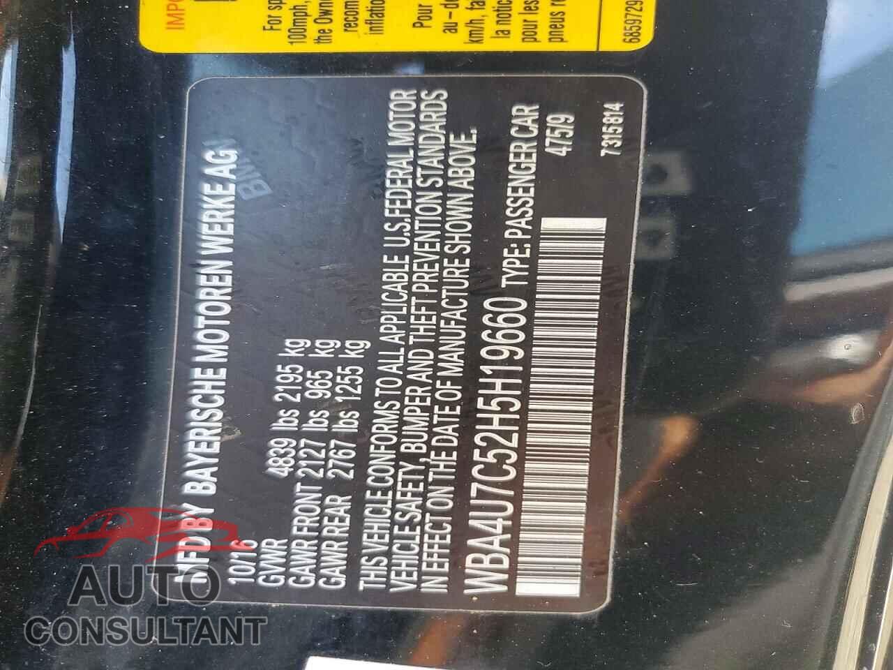 BMW 4 SERIES 2017 - WBA4U7C52H5H19660