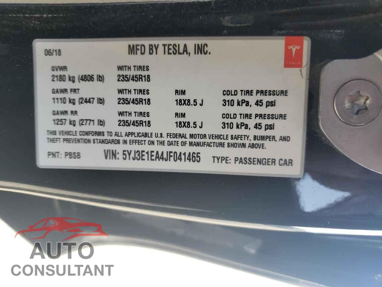 TESLA MODEL 3 2018 - 5YJ3E1EA4JF041465