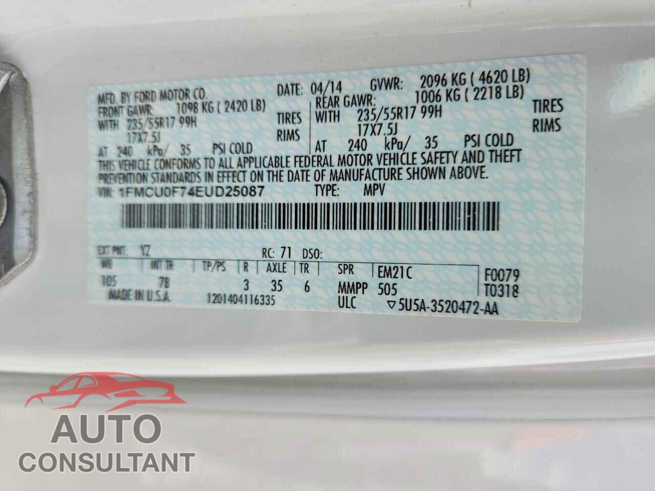 FORD ESCAPE 2014 - 1FMCU0F74EUD25087