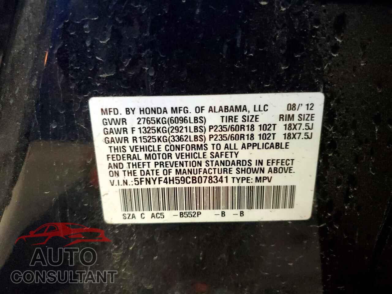 HONDA PILOT 2012 - 5FNYF4H59CB078341