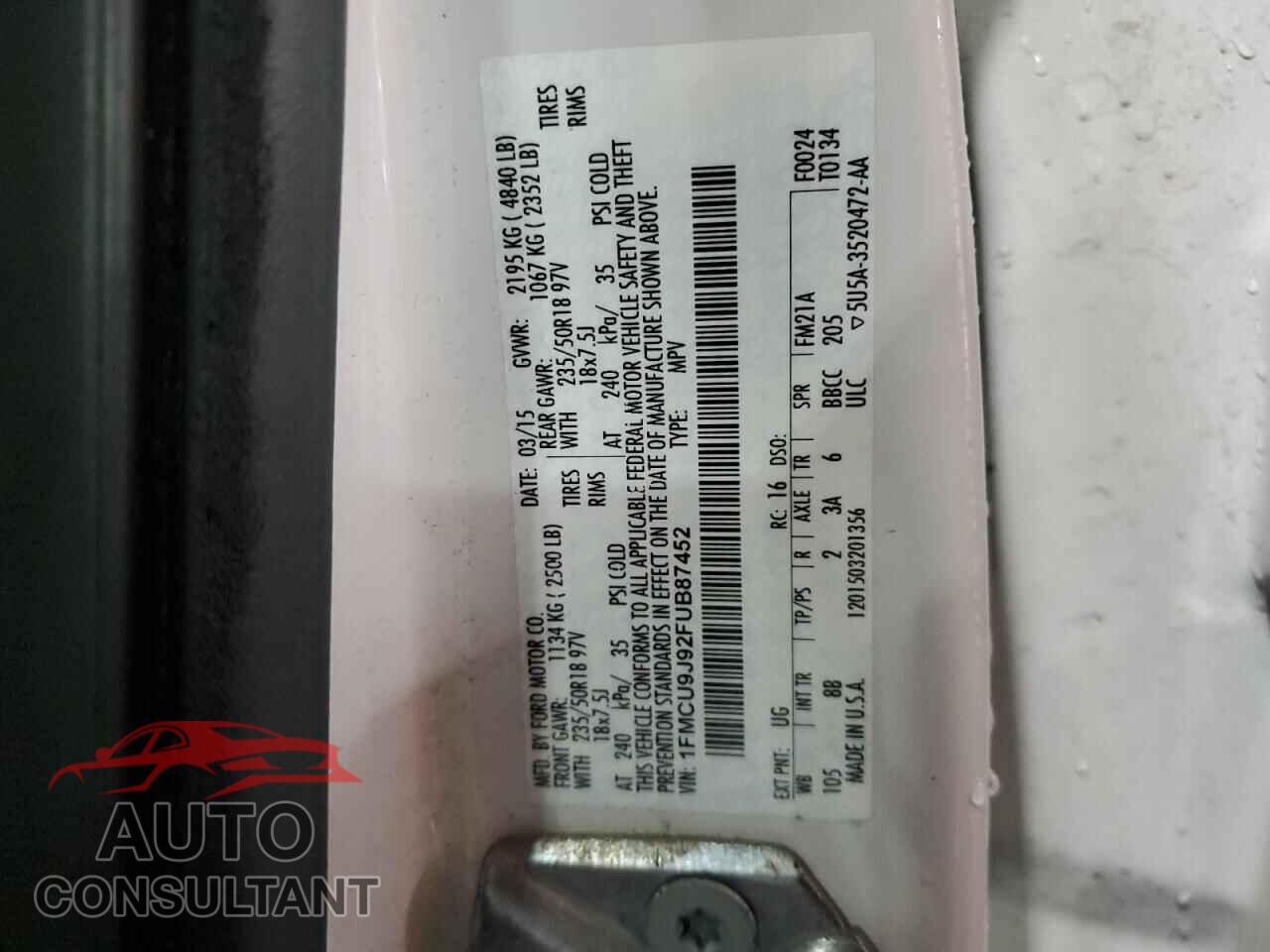 FORD ESCAPE 2015 - 1FMCU9J92FUB87452