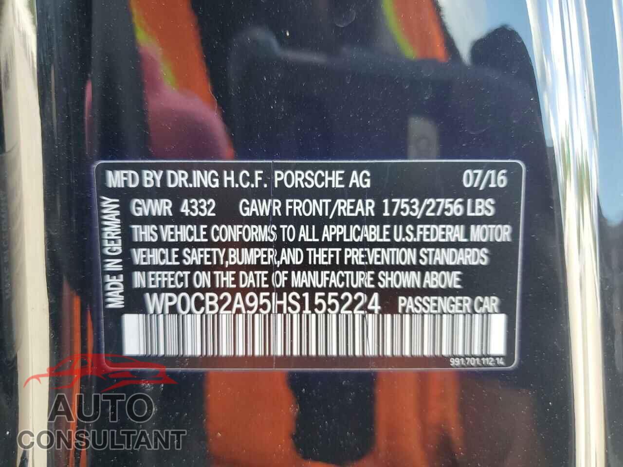 PORSCHE 911 2017 - WP0CB2A95HS155224