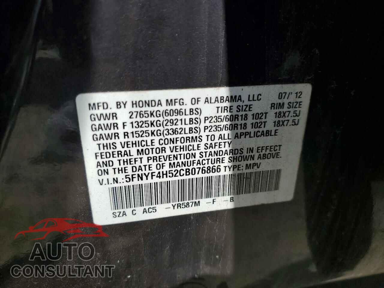 HONDA PILOT 2012 - 5FNYF4H52CB076866