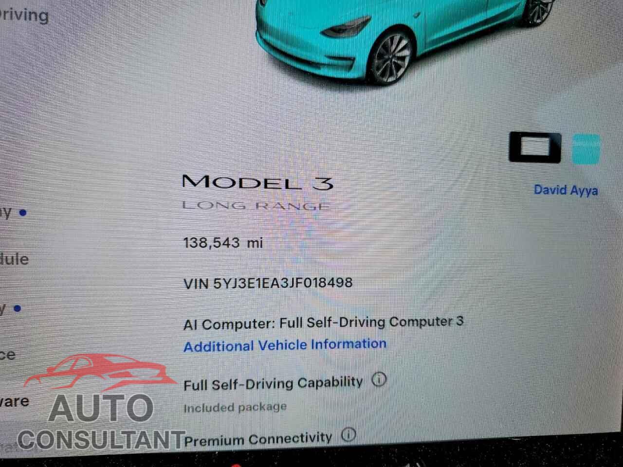 TESLA MODEL 3 2018 - 5YJ3E1EA3JF018498