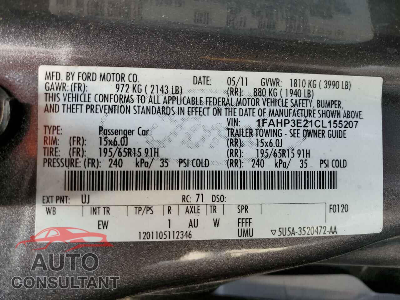 FORD FOCUS 2012 - 1FAHP3E21CL155207