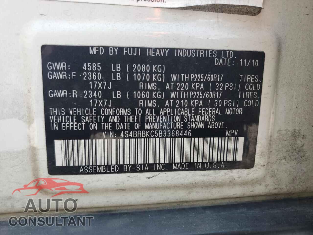 SUBARU OUTBACK 2011 - 4S4BRBKC5B3368446