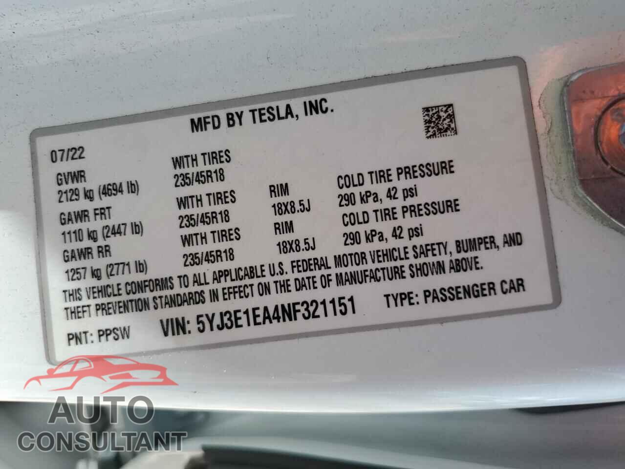 TESLA MODEL 3 2022 - 5YJ3E1EA4NF321151