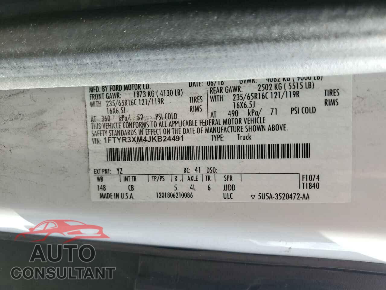 FORD TRANSIT 2018 - 1FTYR3XM4JKB24491