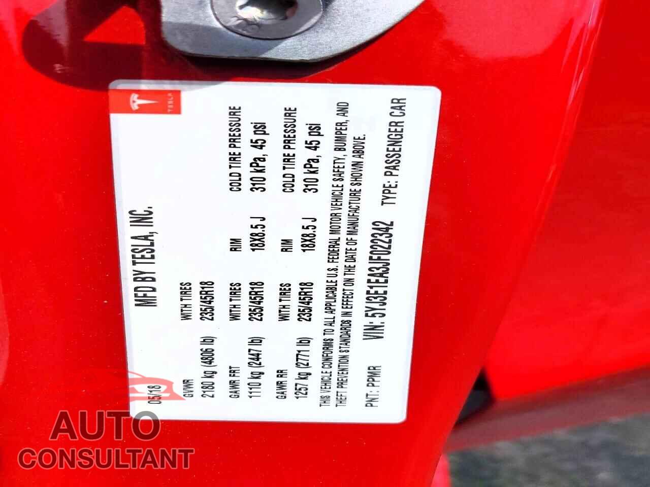 TESLA MODEL 3 2018 - 5YJ3E1EA3JF022342