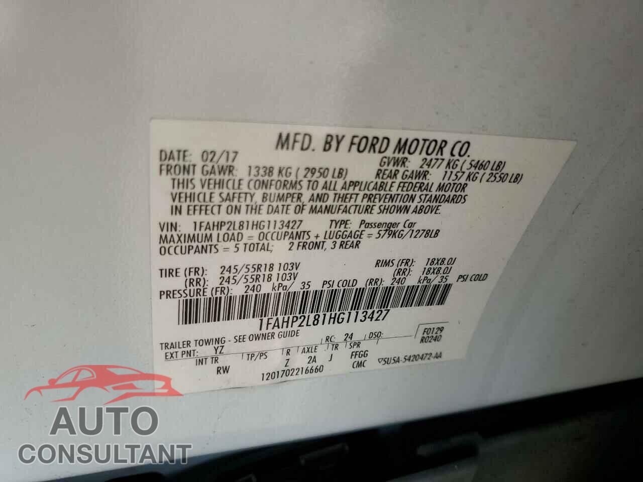 FORD TAURUS 2017 - 1FAHP2L81HG113427