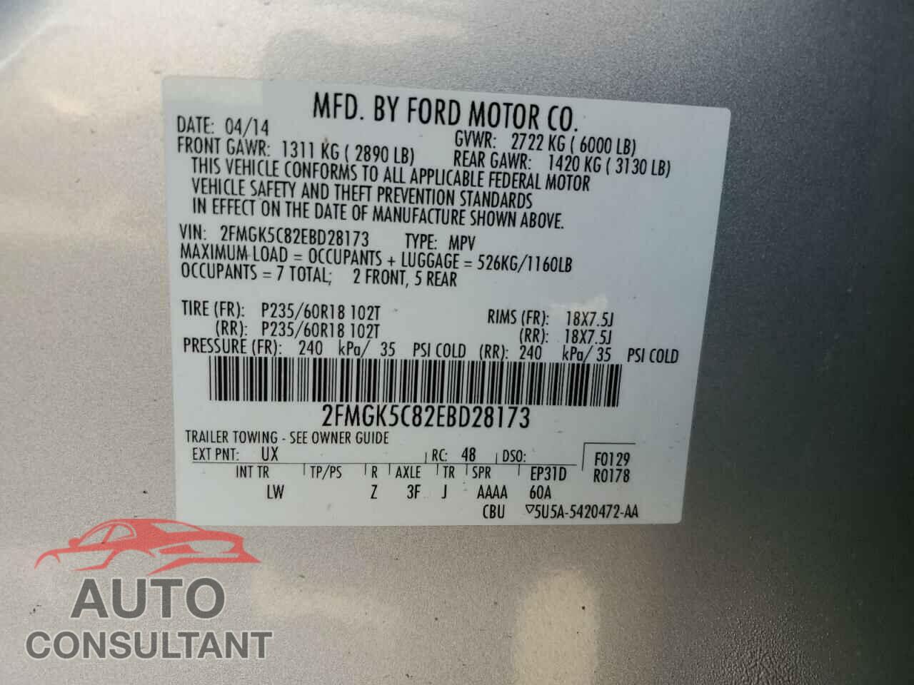 FORD FLEX 2014 - 2FMGK5C82EBD28173