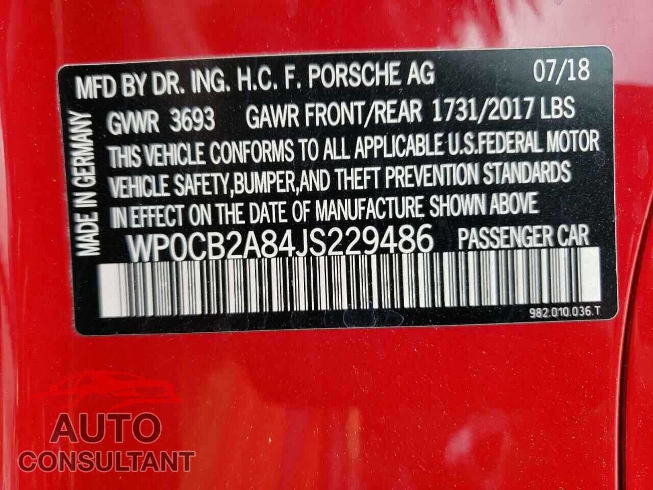 PORSCHE BOXSTER 2018 - WP0CB2A84JS229486