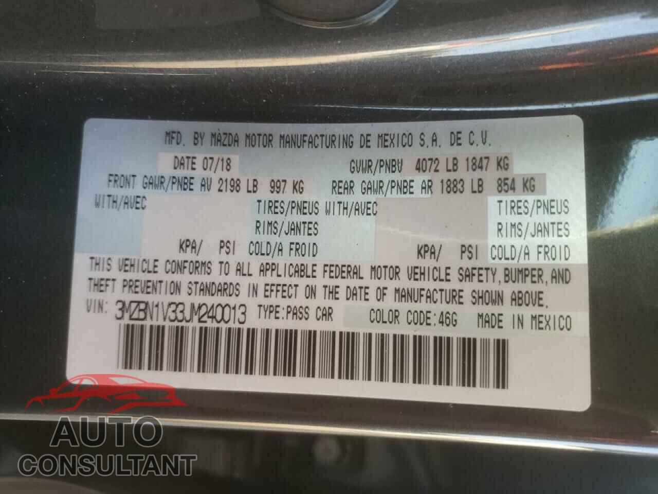 MAZDA 3 2018 - 3MZBN1V33JM240013