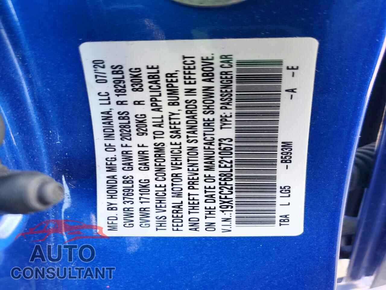 HONDA CIVIC 2020 - 19XFC2F68LE210673
