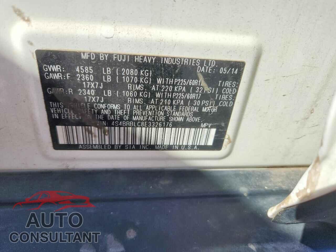 SUBARU OUTBACK 2014 - 4S4BRBLC8E3326176