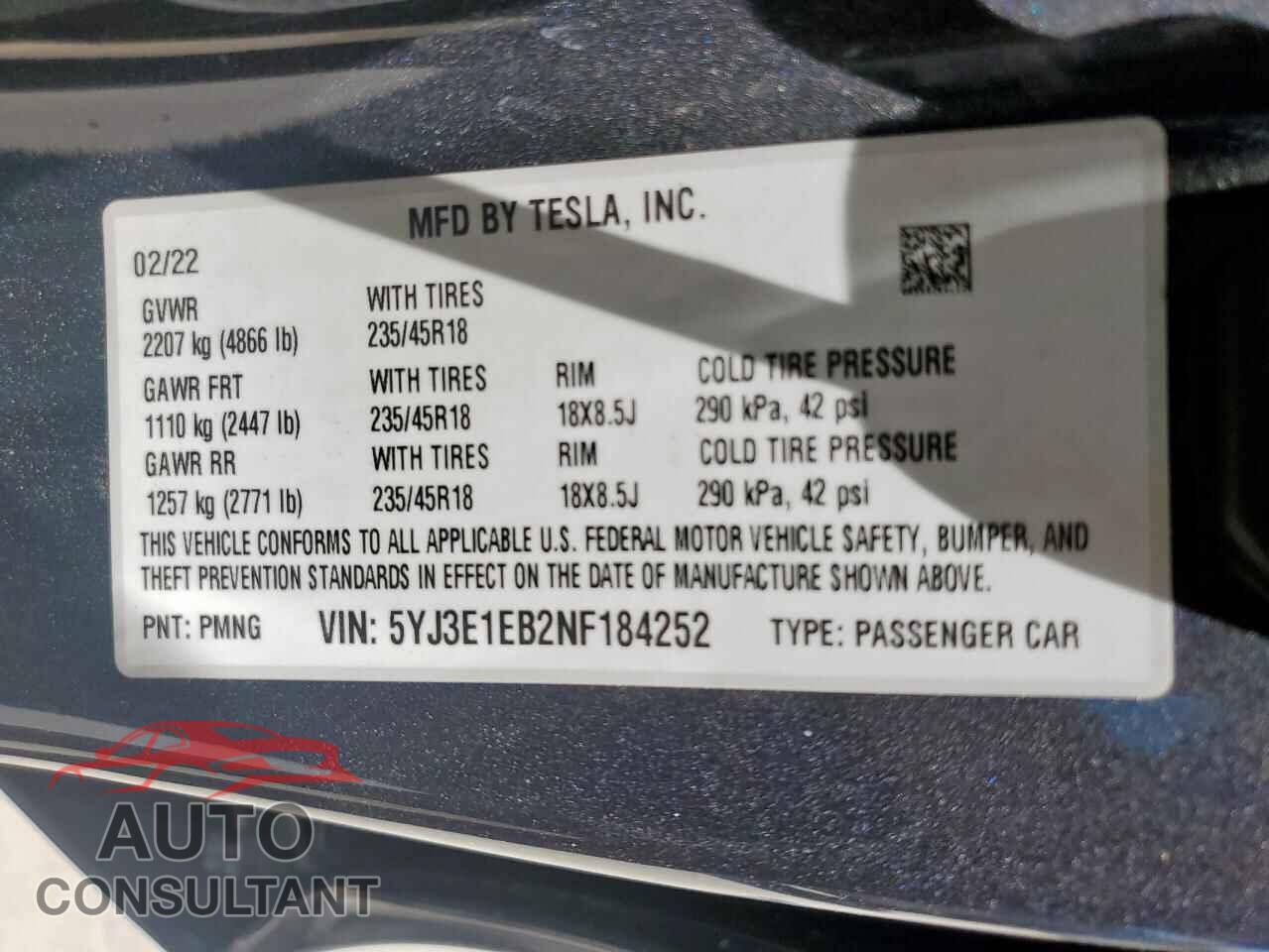 TESLA MODEL 3 2022 - 5YJ3E1EB2NF184252