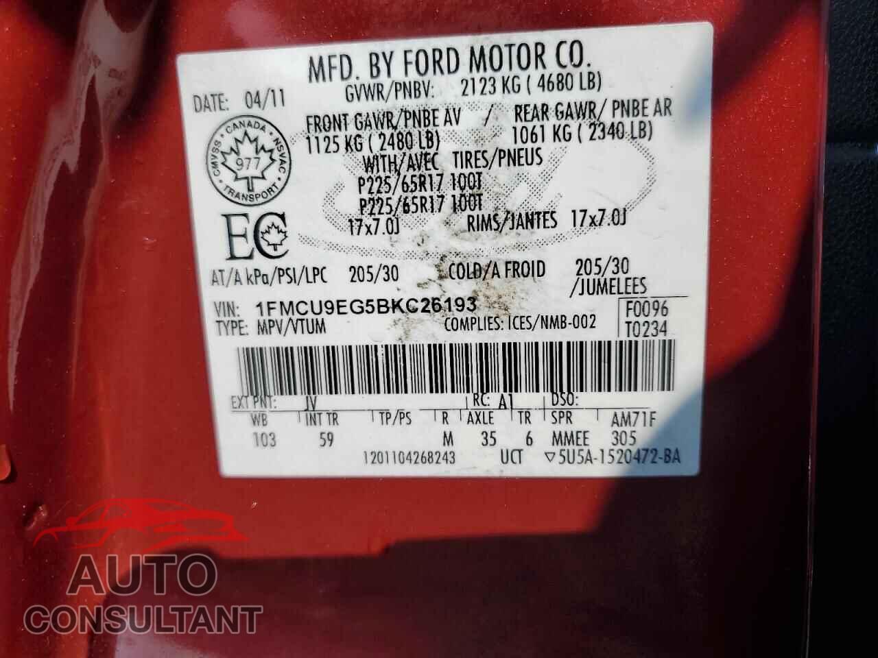 FORD ESCAPE 2011 - 1FMCU9EG5BKC26193