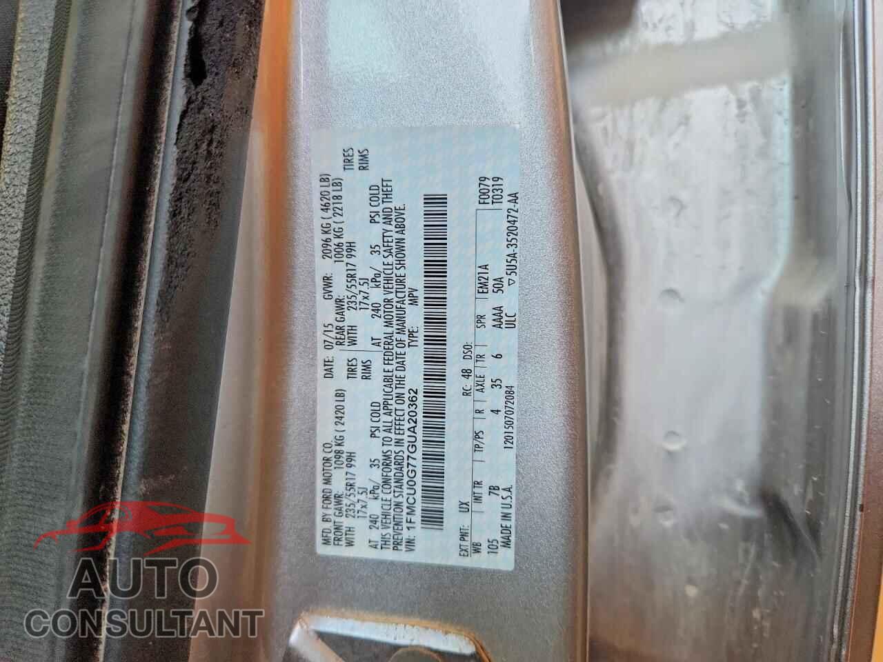 FORD ESCAPE 2016 - 1FMCU0G77GUA20362