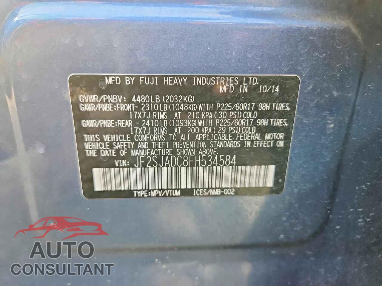 SUBARU FORESTER 2015 - JF2SJADC8FH534584