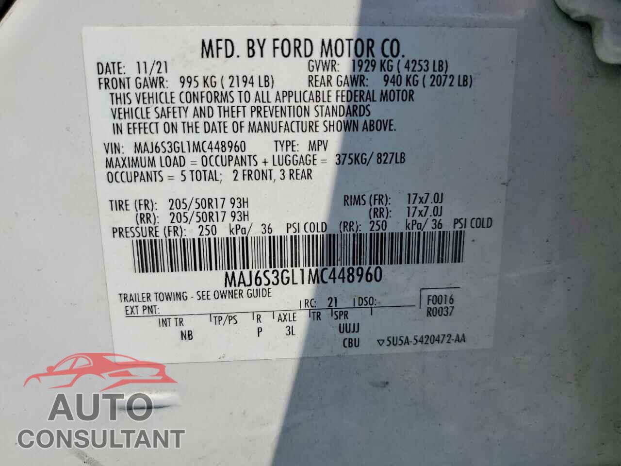 FORD ECOSPORT 2021 - MAJ6S3GL1MC448960