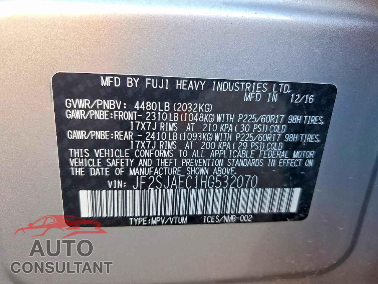 SUBARU FORESTER 2017 - JF2SJAEC1HG532070