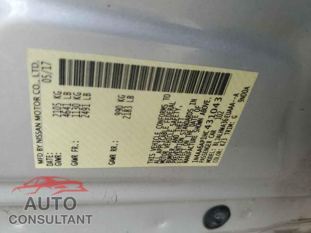 NISSAN MAXIMA 2017 - 1N4AA6AP1HC431043