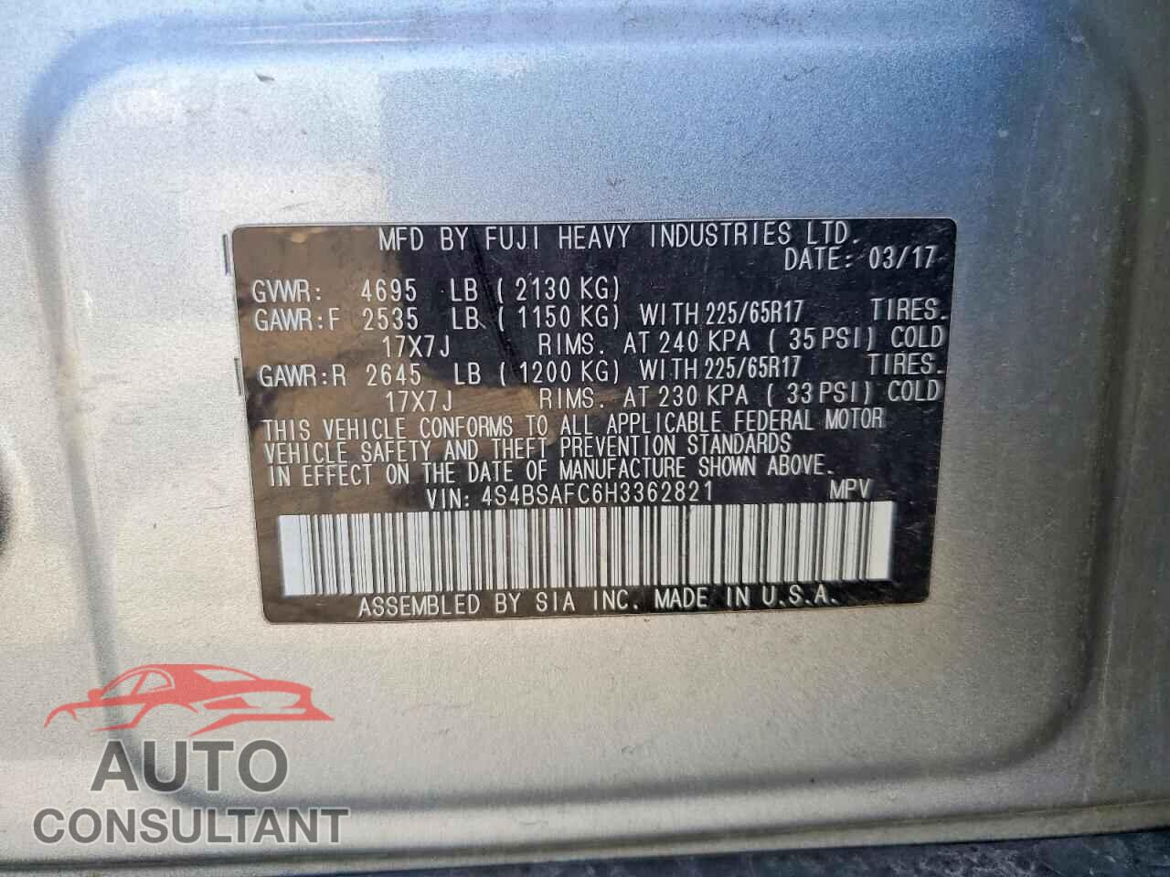 SUBARU OUTBACK 2017 - 4S4BSAFC6H3362821