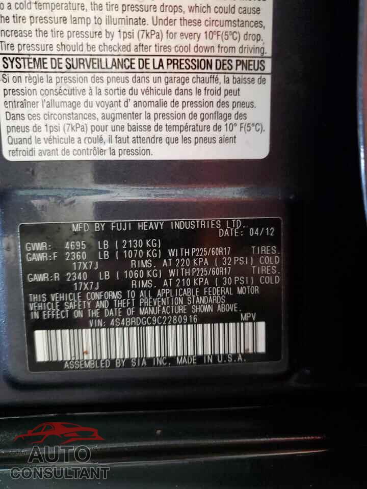 SUBARU OUTBACK 2012 - 4S4BRDGC9C2280916