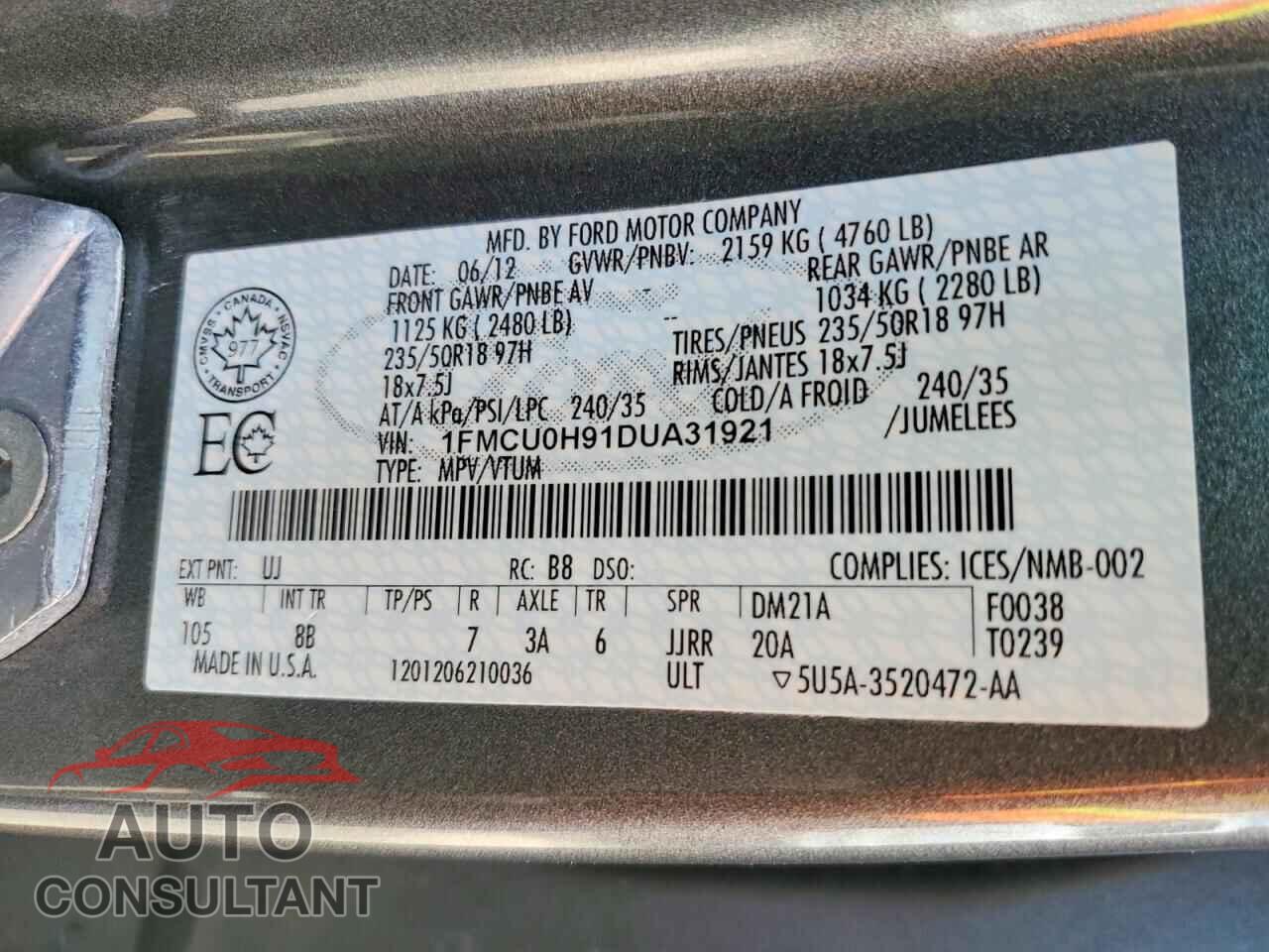 FORD ESCAPE 2013 - 1FMCU0H91DUA31921