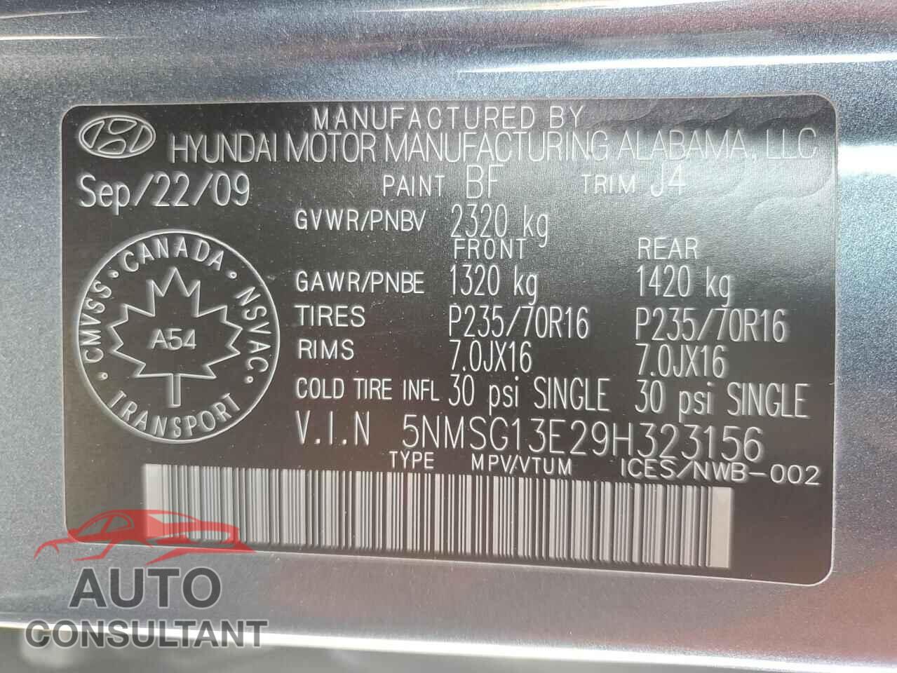 HYUNDAI SANTA FE 2009 - 5NMSG13E29H323156