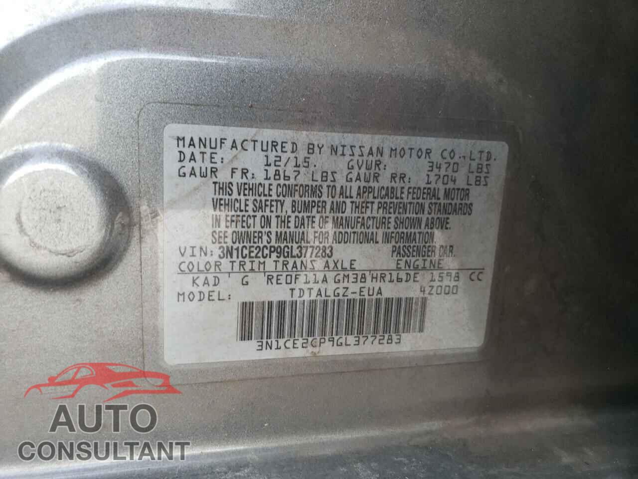 NISSAN VERSA 2016 - 3N1CE2CP9GL377283