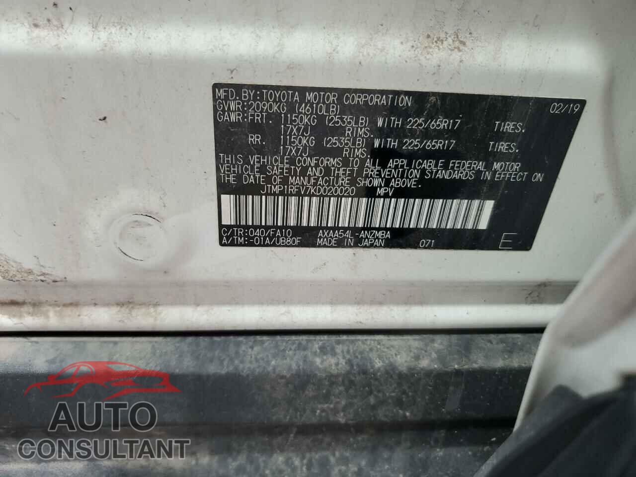 TOYOTA RAV4 2019 - JTMP1RFV7KD020020