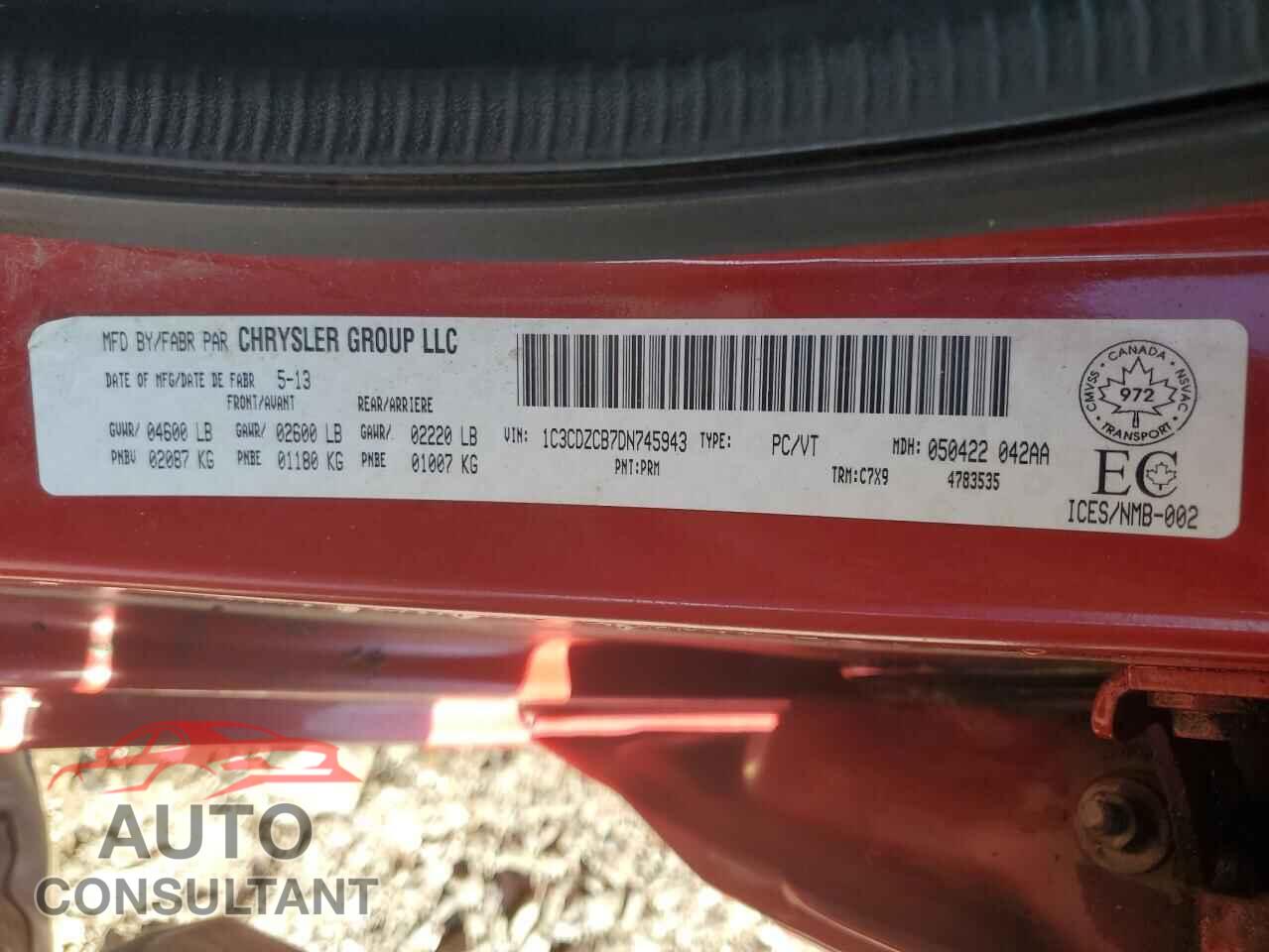 DODGE AVENGER 2013 - 1C3CDZCB7DN745943