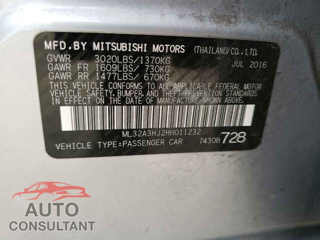 MITSUBISHI MIRAGE 2017 - ML32A3HJ2HH011232