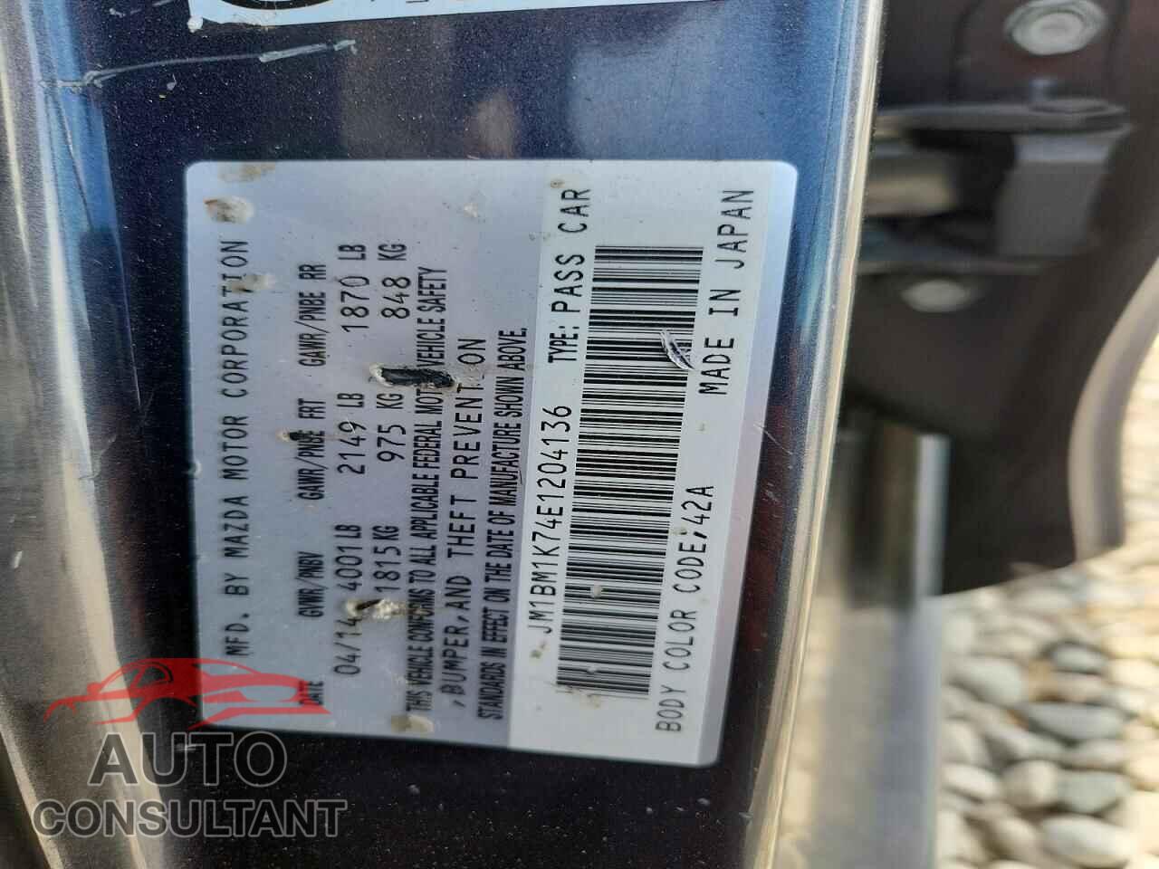 MAZDA 3 2014 - JM1BM1K74E1204136