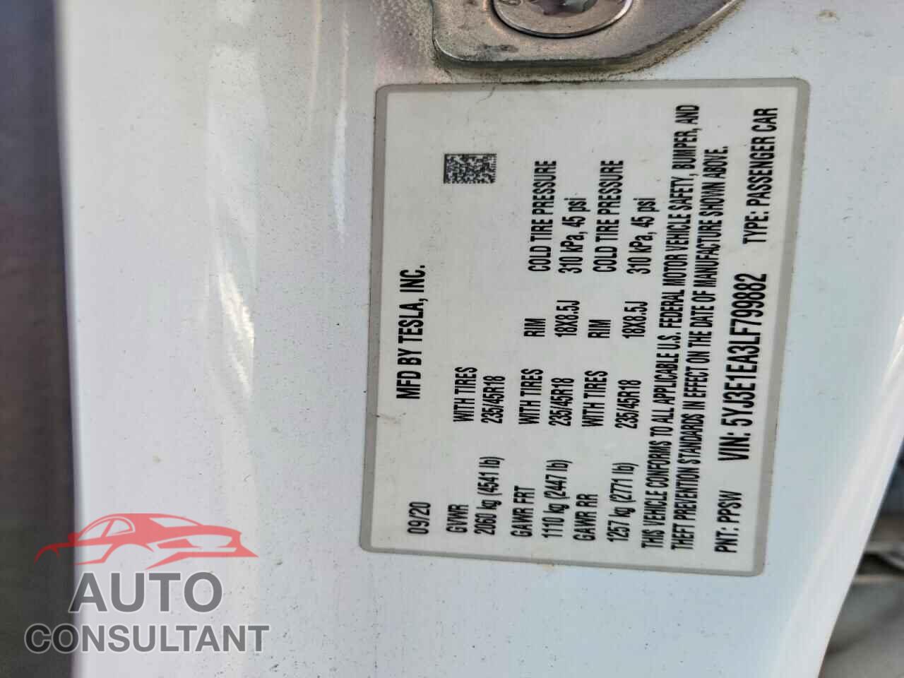 TESLA MODEL 3 2020 - 5YJ3E1EA3LF799882