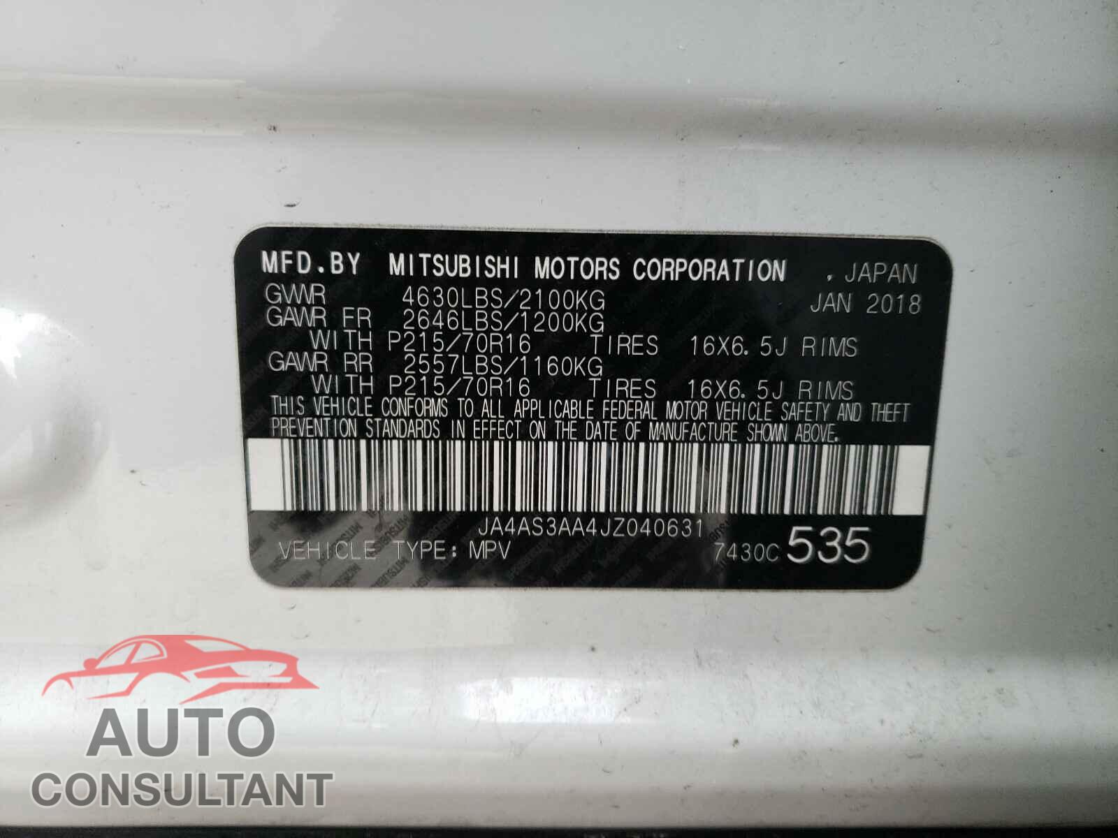 MITSUBISHI ECLIPSE 2018 - JA4AS3AA4JZ040631