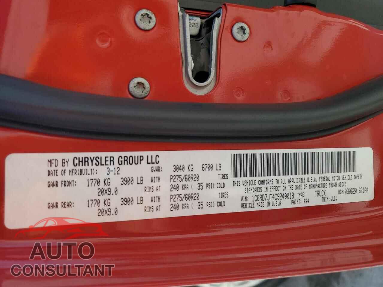 DODGE RAM 1500 2012 - 1C6RD7JT4CS240018