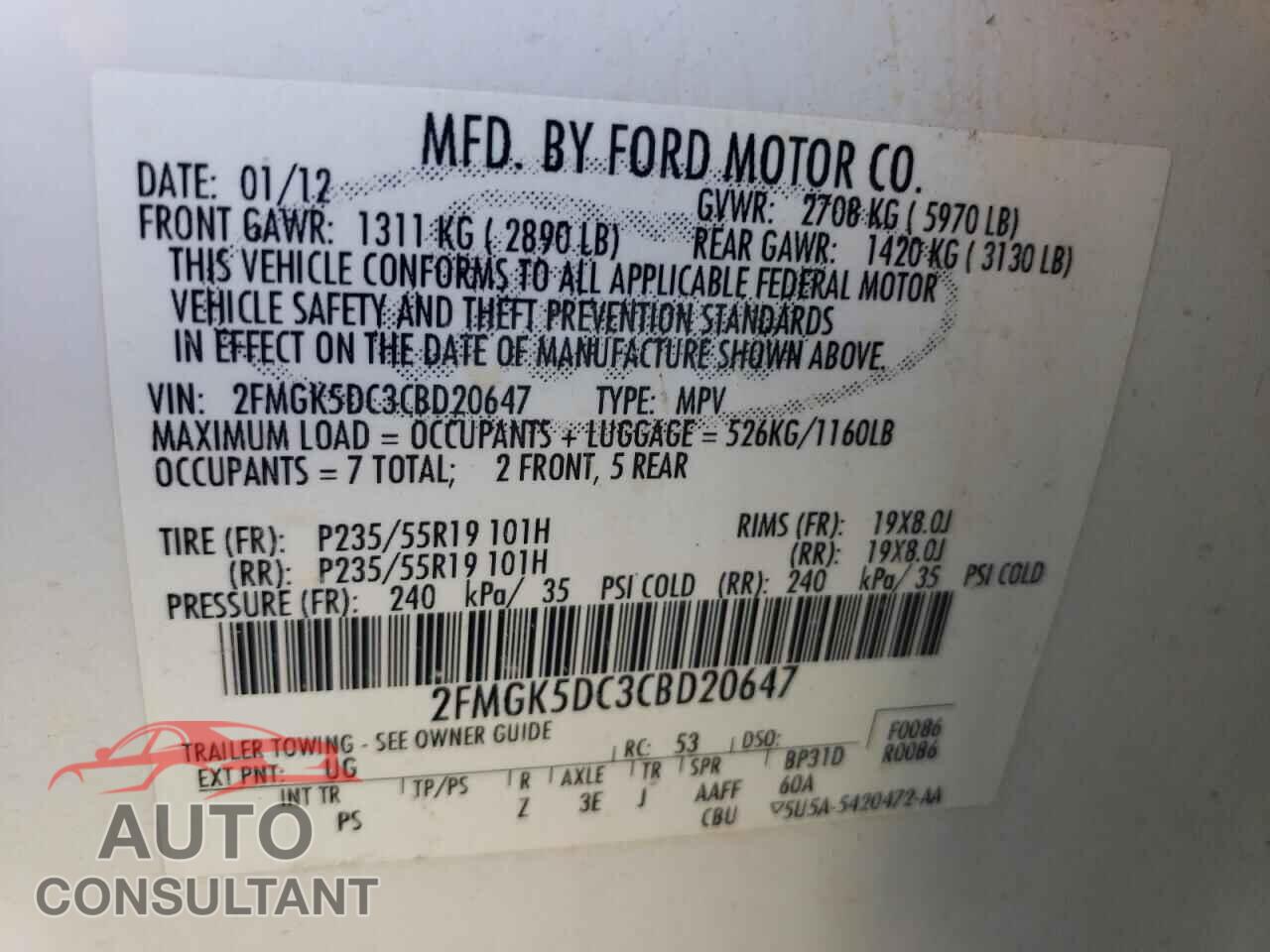 FORD FLEX 2012 - 2FMGK5DC3CBD20647