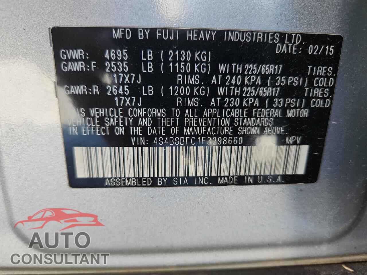 SUBARU OUTBACK 2015 - 4S4BSBFC1F3298660