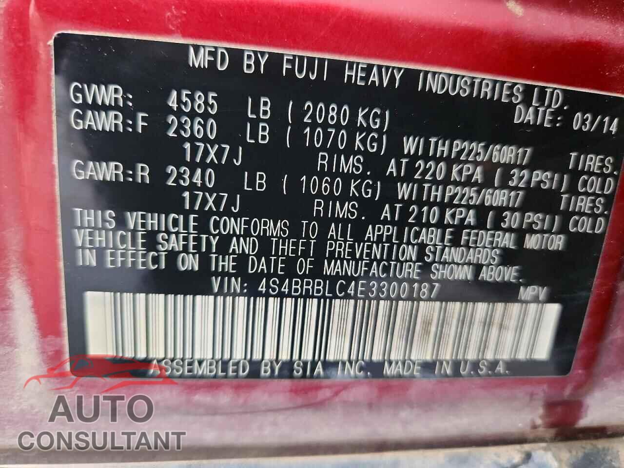 SUBARU OUTBACK 2014 - 4S4BRBLC4E3300187